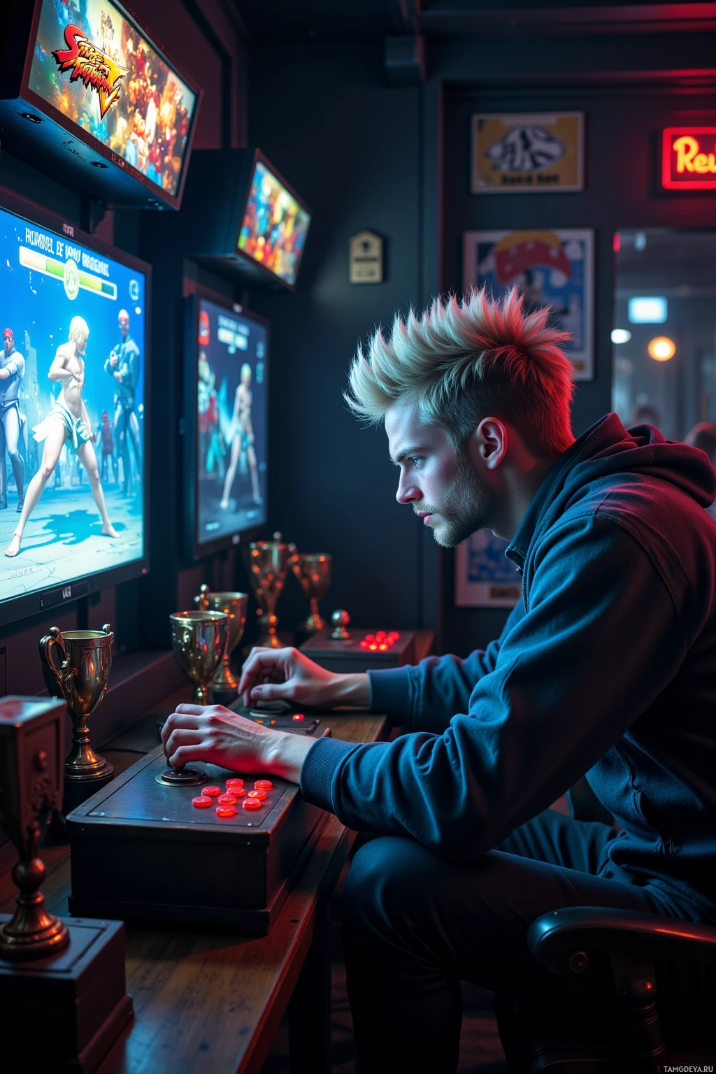 A person is playing a fighting game on an arcade-style machine.