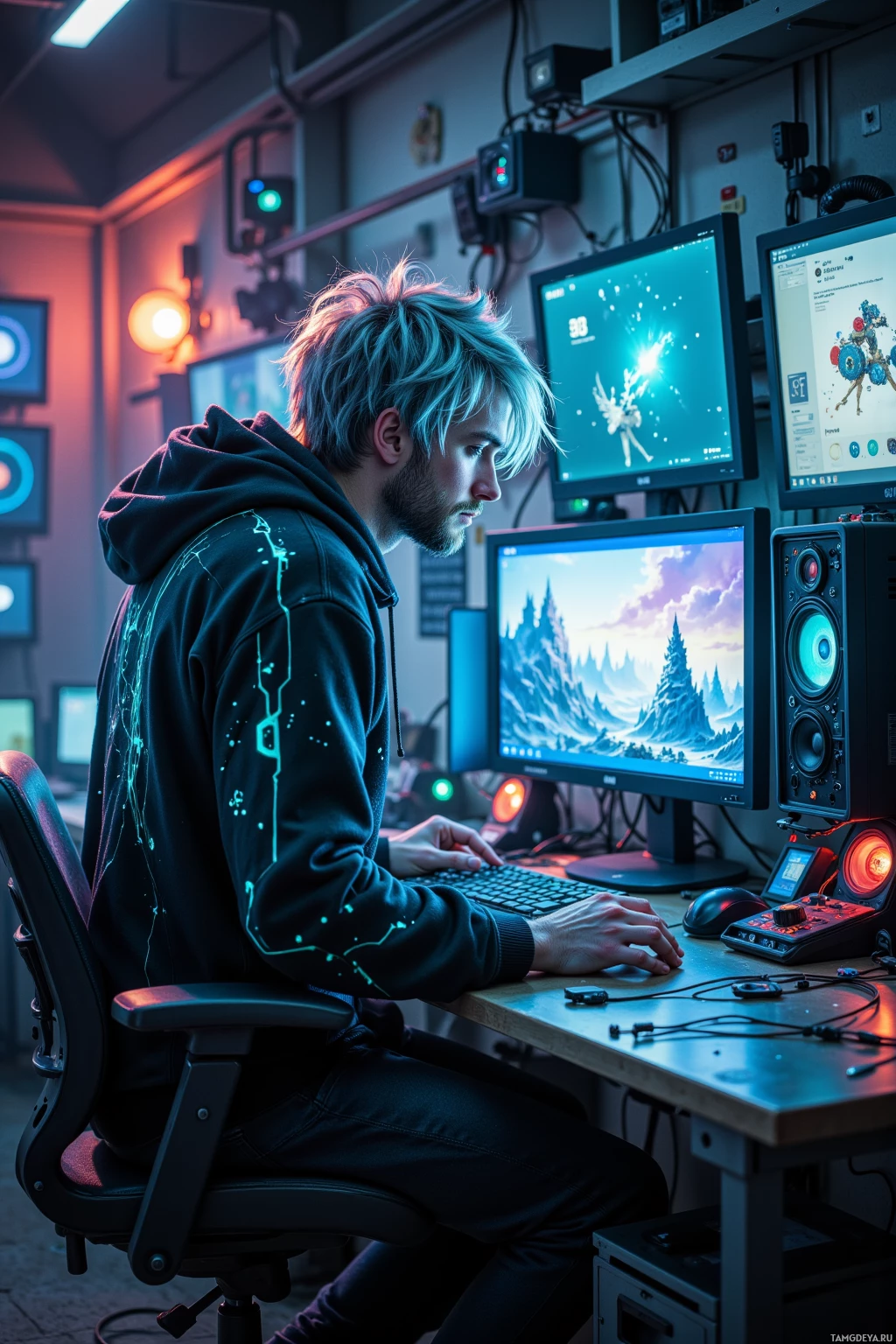 A person is sitting at a desk in a dimly lit room, working on a computer with multiple monitors displaying colorful graphics.