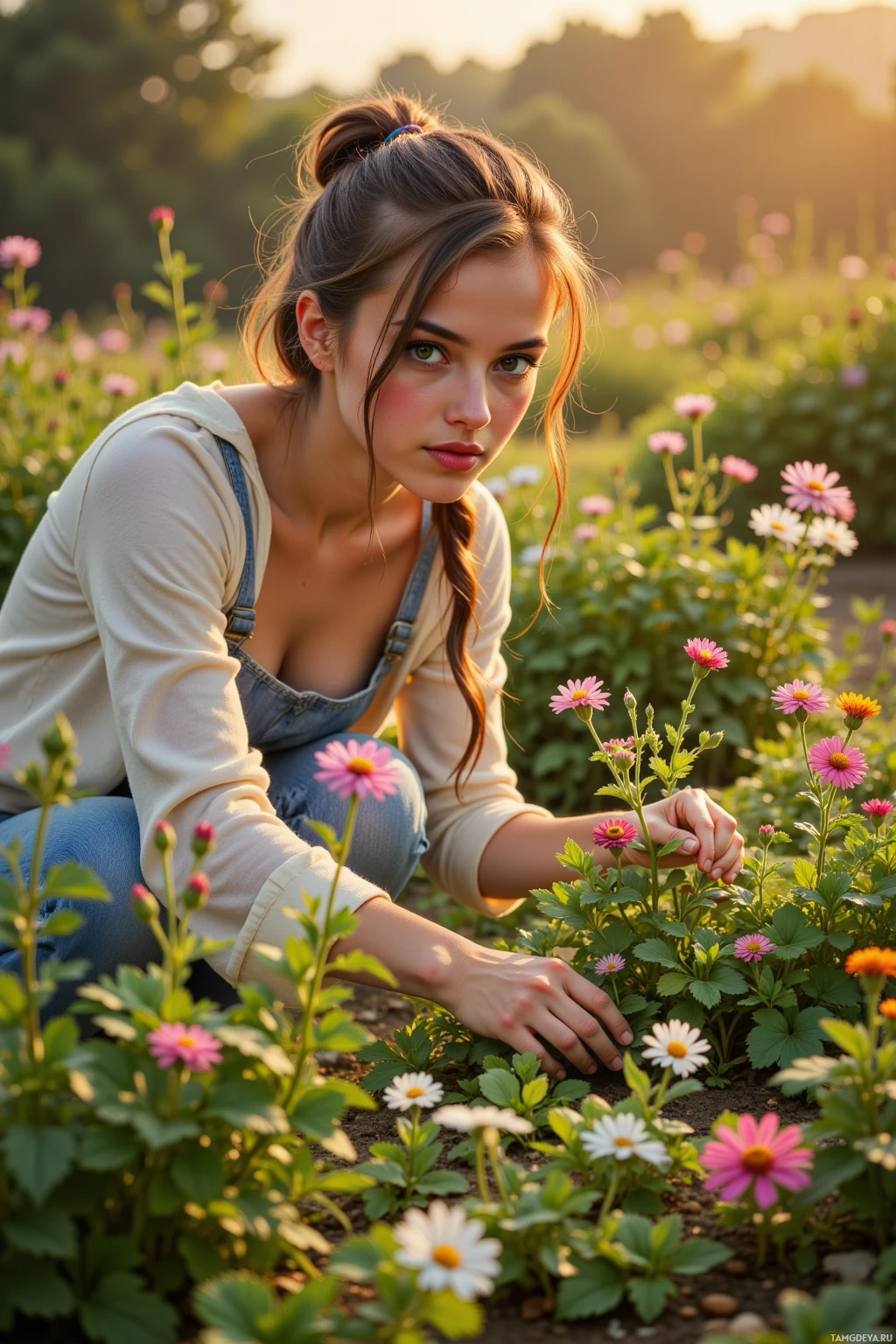 A woman kneels in a garden surrounded by blooming flowers.