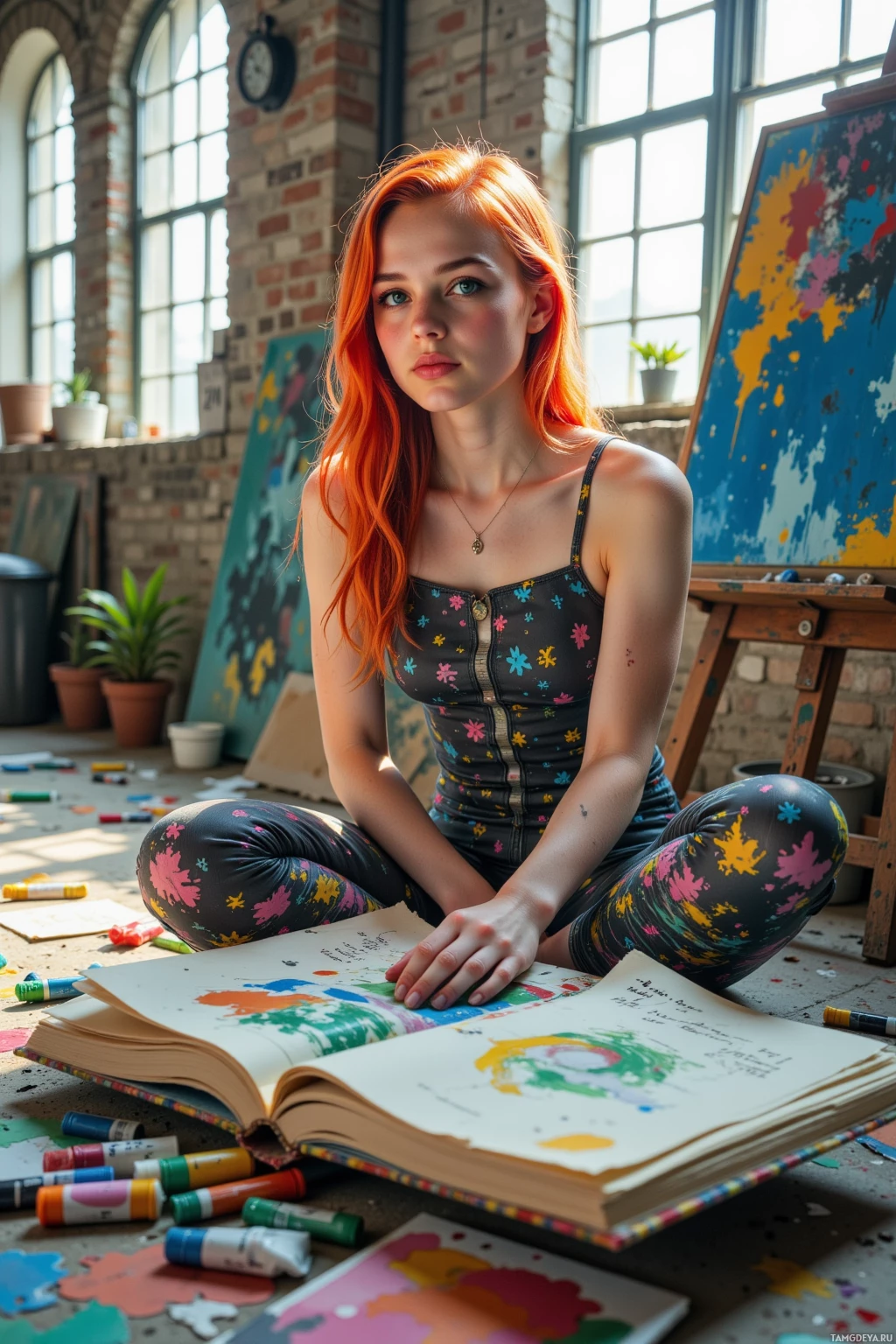 A person with red hair sits cross-legged in an art studio, surrounded by colorful paint splatters and art supplies.