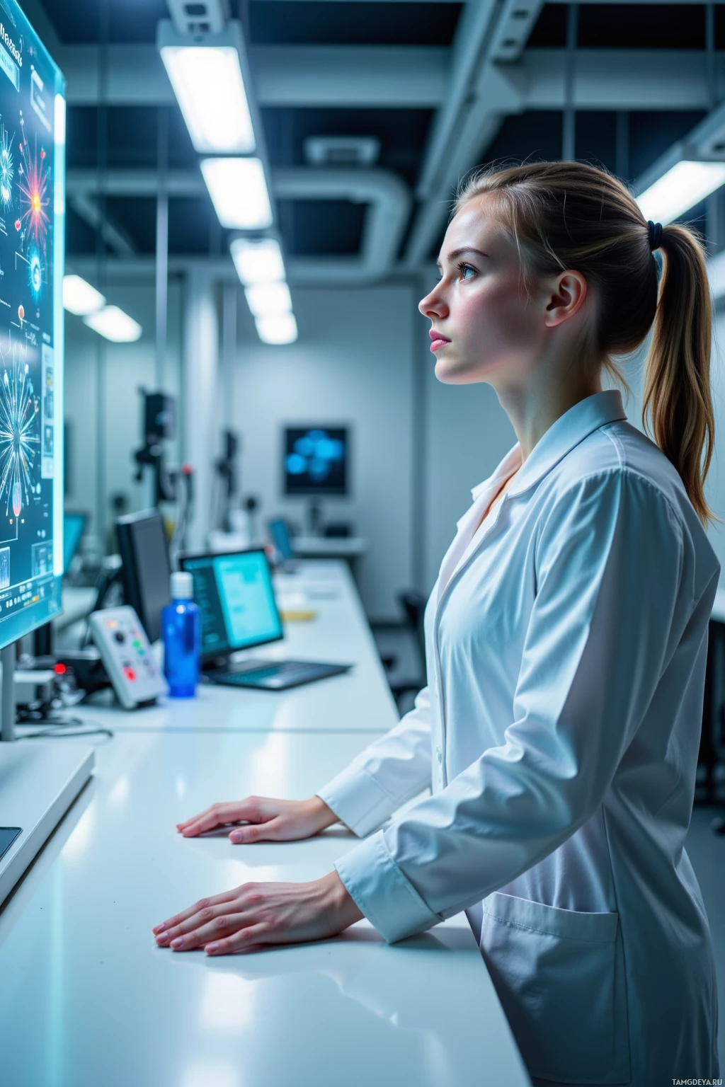 A scientist in a lab coat stands at a desk, looking at a large screen displaying data.