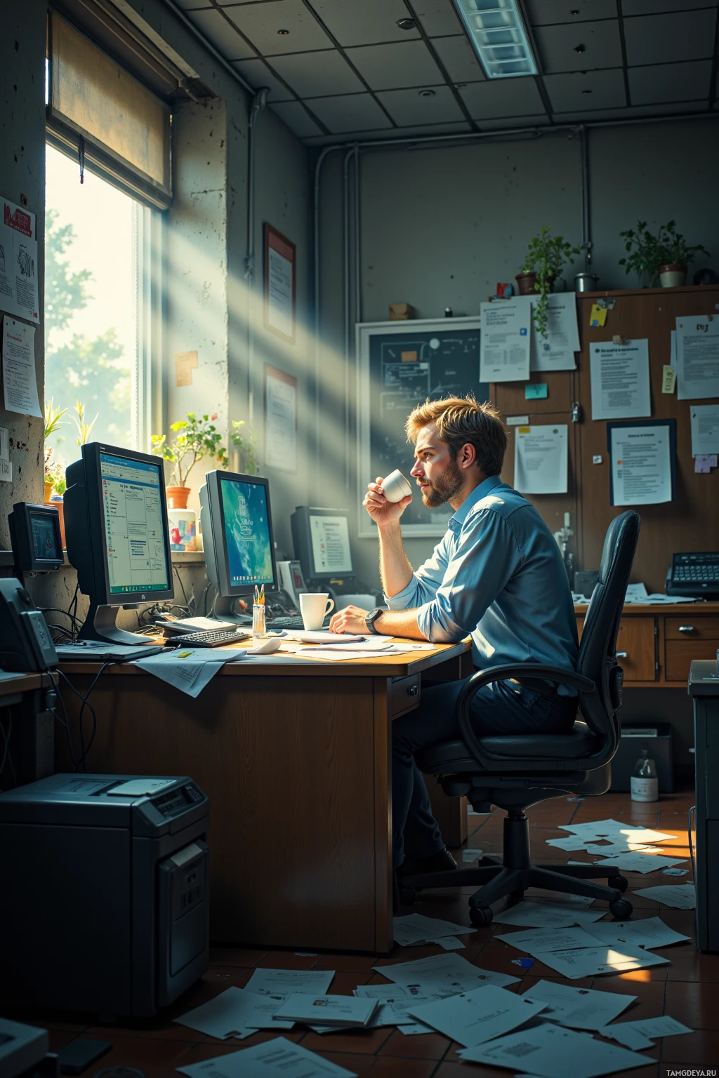 A man sits at a cluttered desk in a dimly lit office, sipping from a mug.