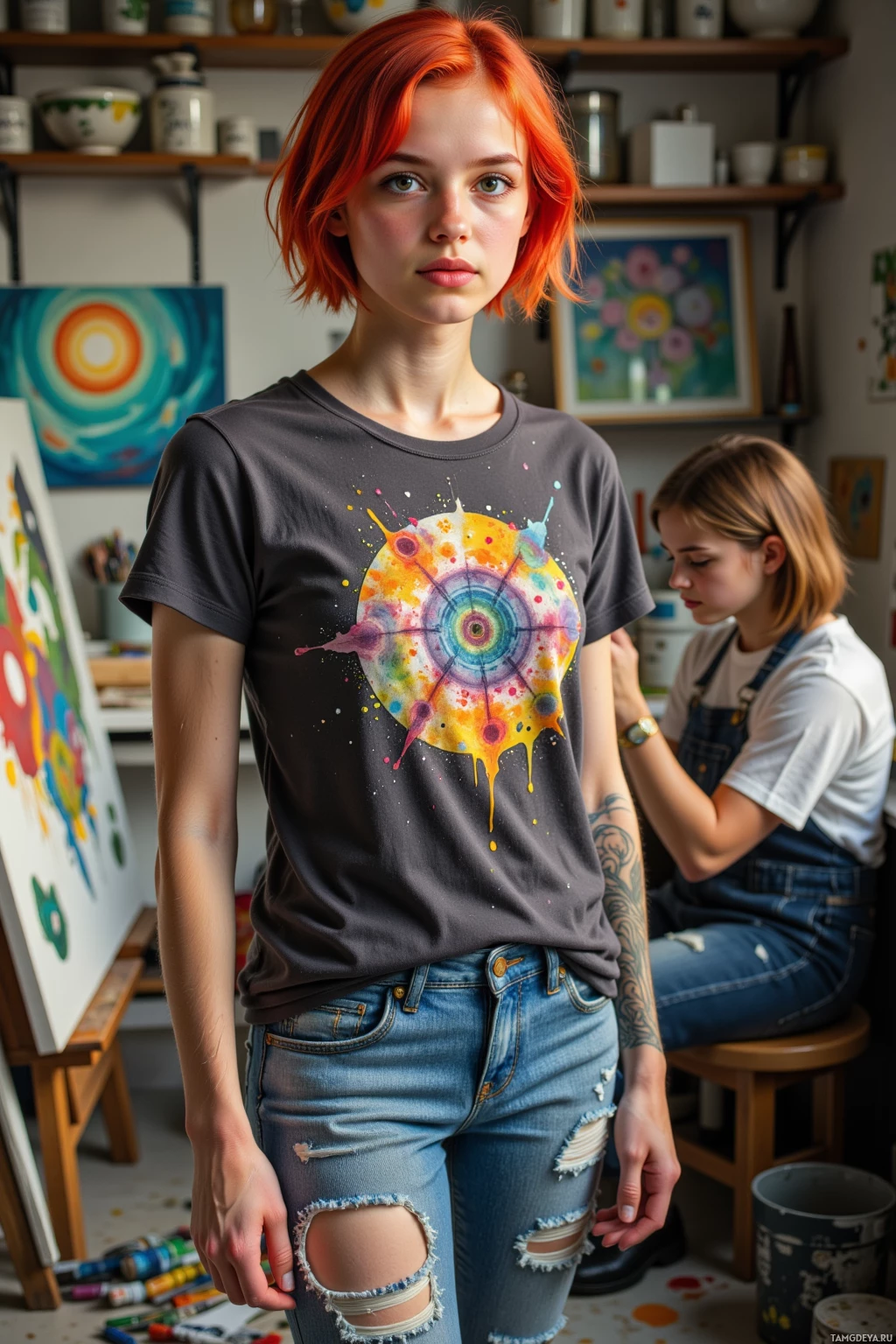 A person with red hair stands in an art studio, wearing a dark t-shirt with a colorful abstract design and ripped jeans.