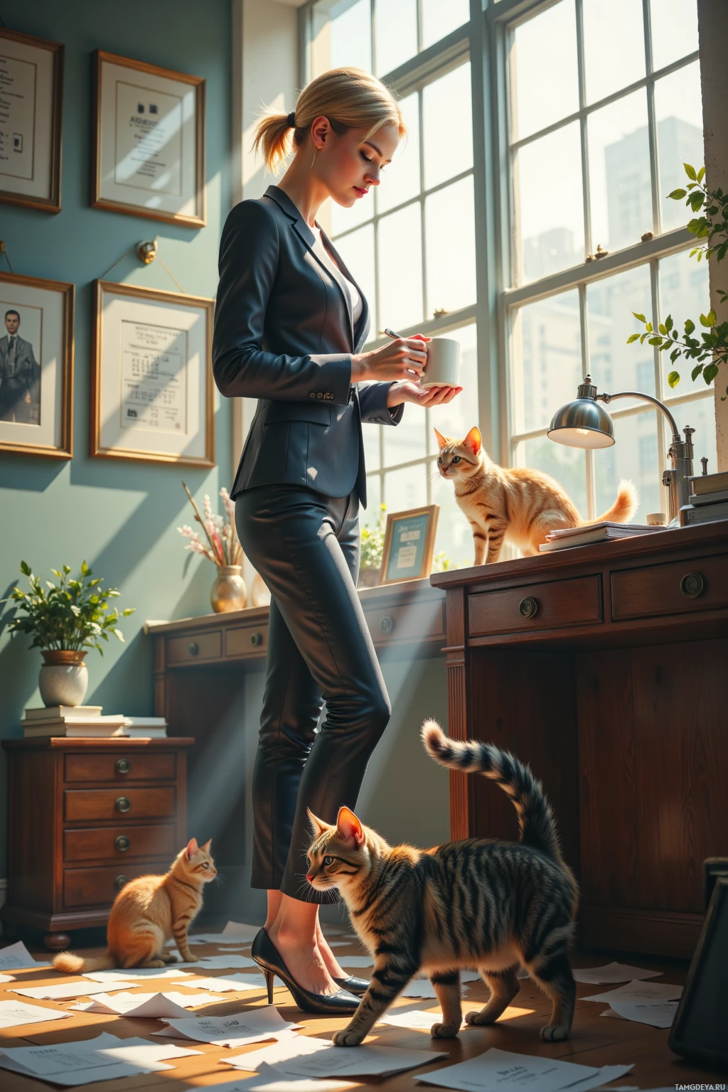 A woman in a suit stands in an office with a cat on the desk and another on the floor.