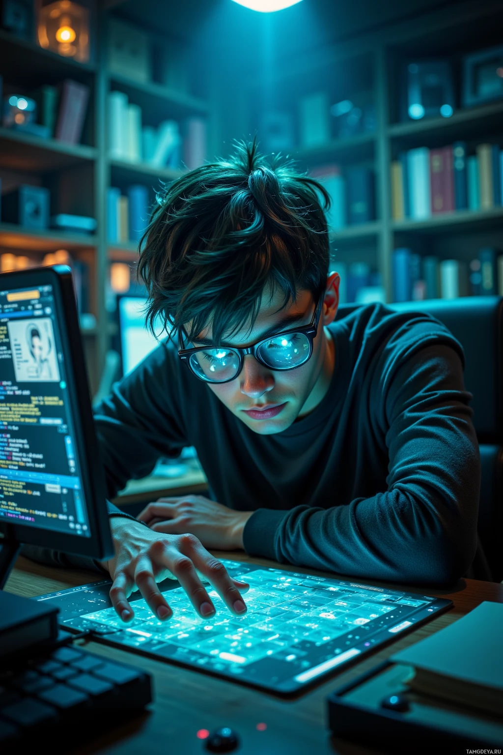 A person wearing glasses is focused on a computer screen in a dimly lit room with bookshelves.