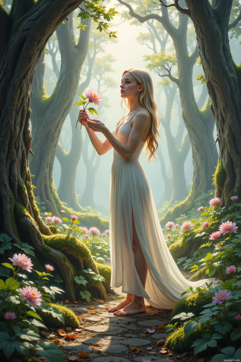 A woman in a white dress stands in a forest, holding a flower.