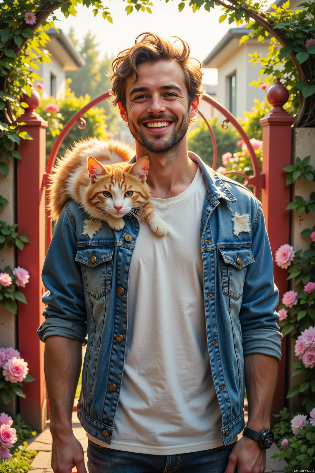 A man in a denim jacket and white shirt stands outdoors with a cat perched on his shoulder.