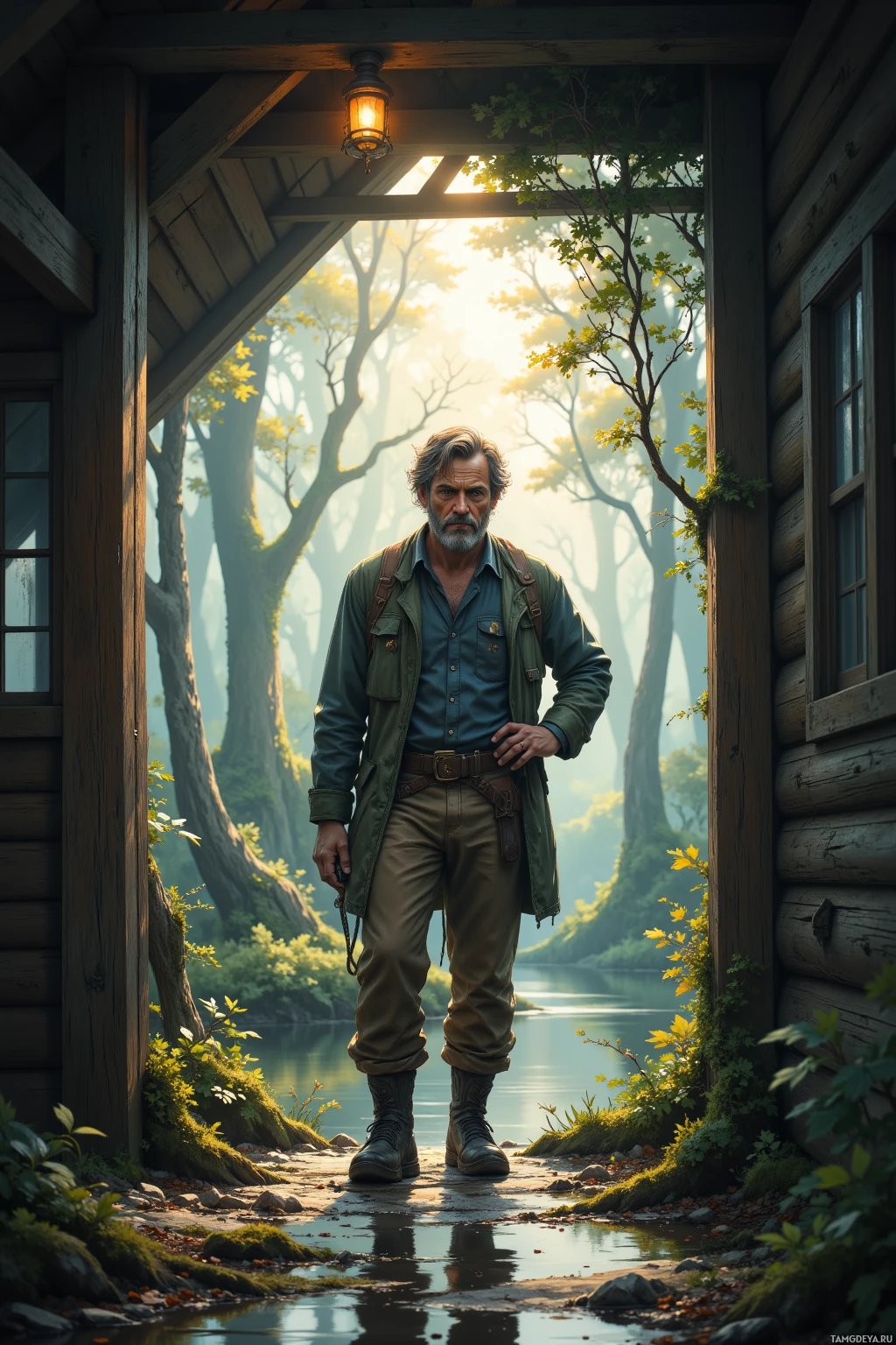 A man stands at the doorway of a rustic cabin, overlooking a serene forest and river.