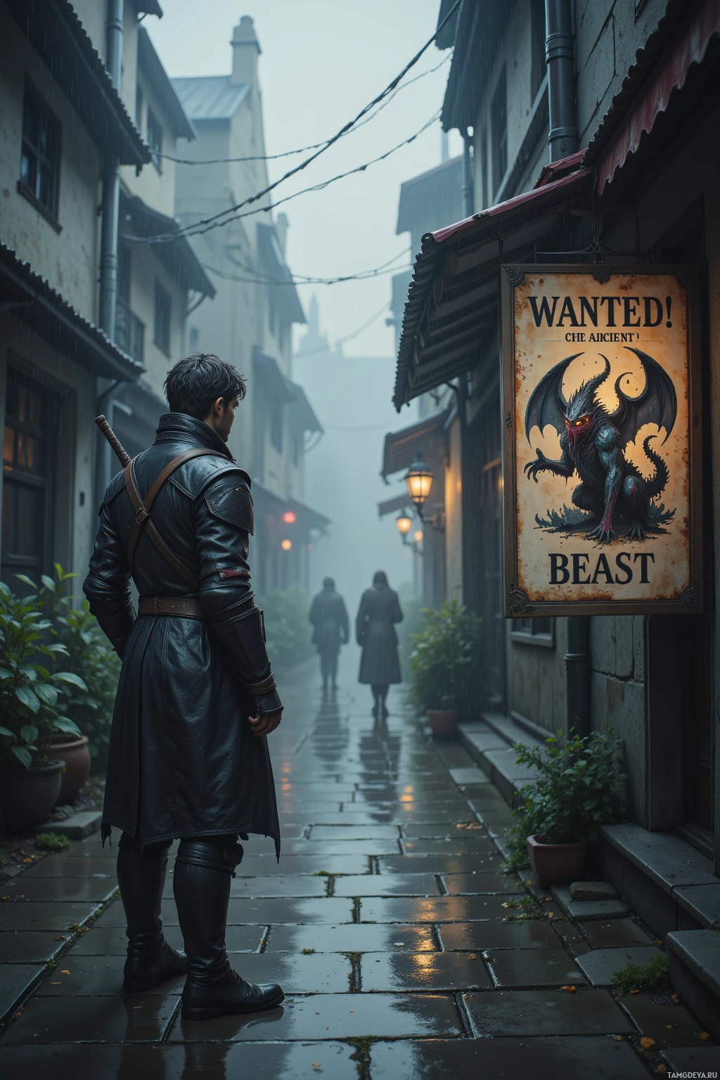A man in a leather coat stands in a rainy alleyway, looking at a sign that reads "WANTED! BEAST.