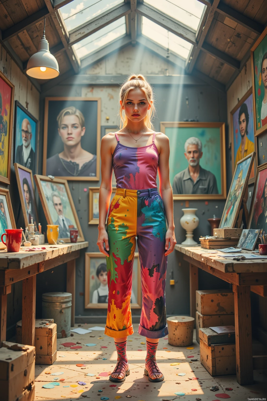 A woman stands in an art studio with colorful paint splatters on her pants and a bright, sunlit atmosphere.