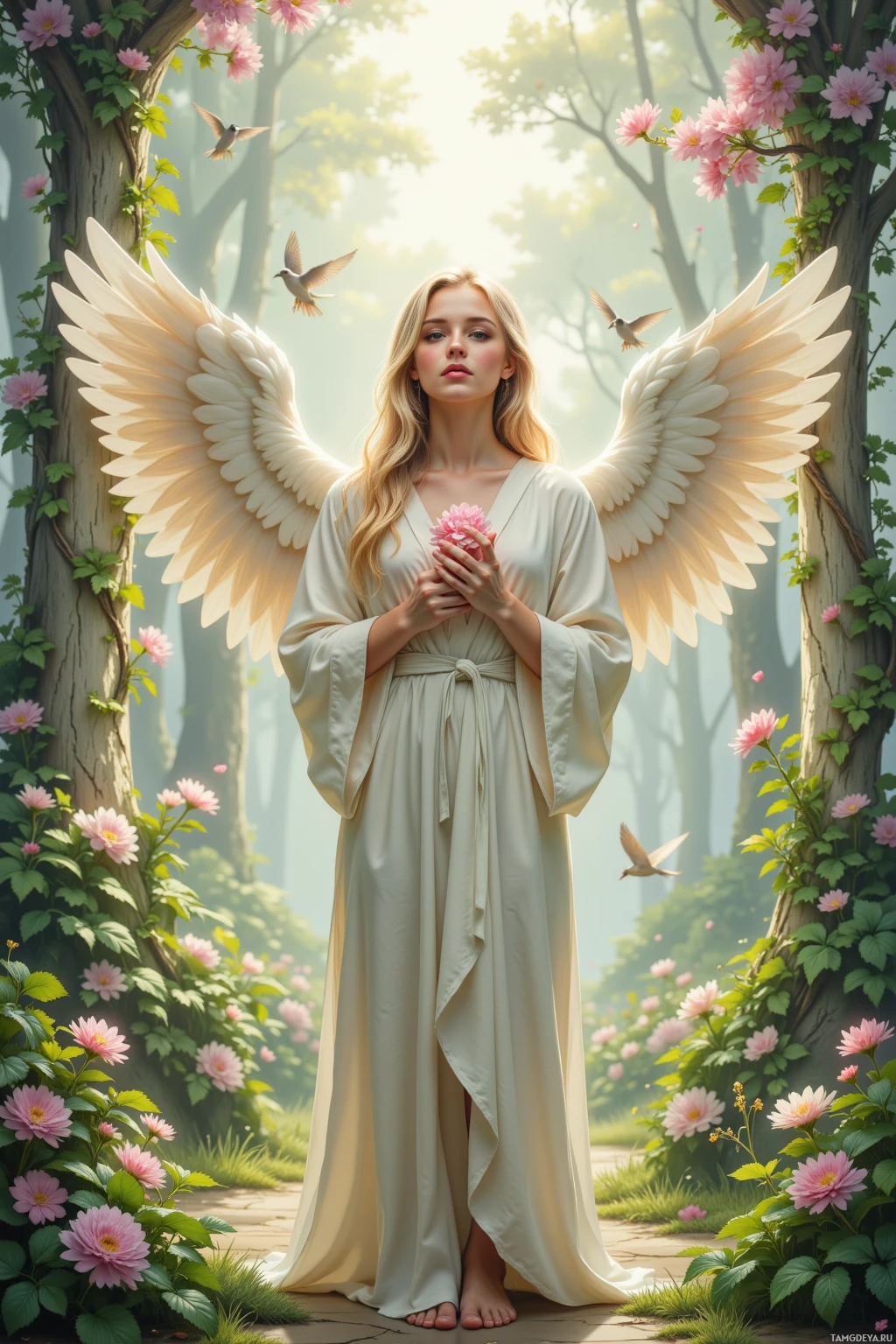 A serene angelic figure with large wings stands amidst a lush garden, holding a pink flower.
