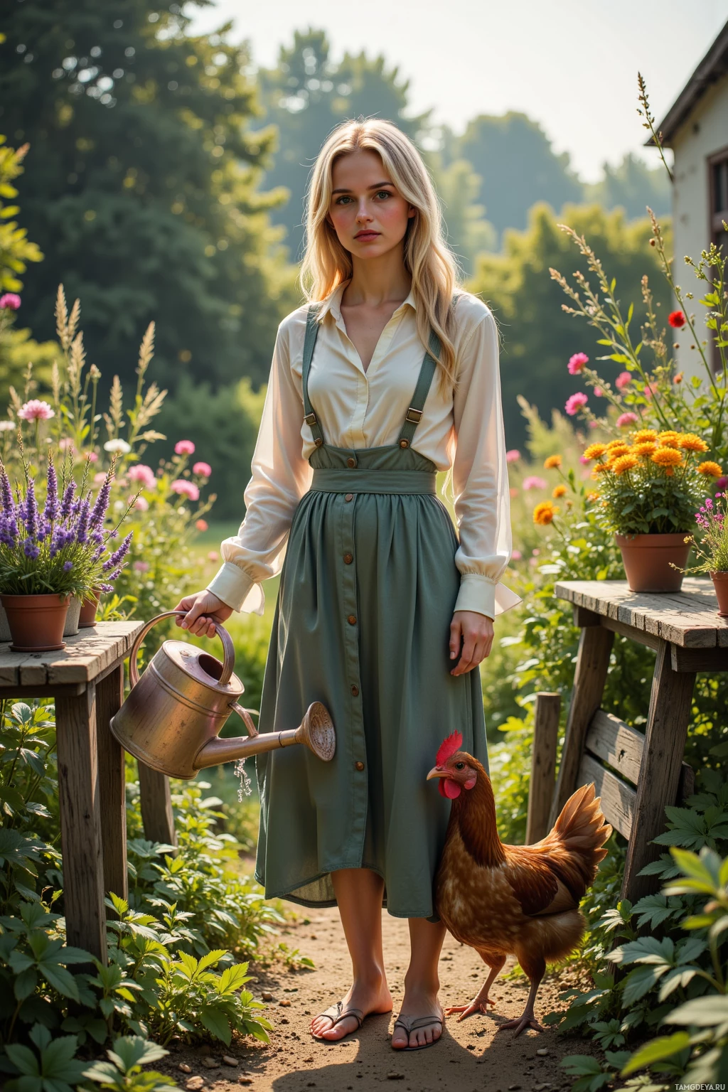 A woman in a garden holding a watering can with a chicken nearby.