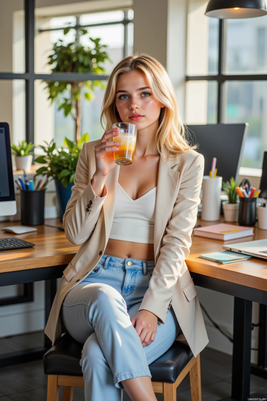 A woman in a professional setting holds a drink while seated at a desk.