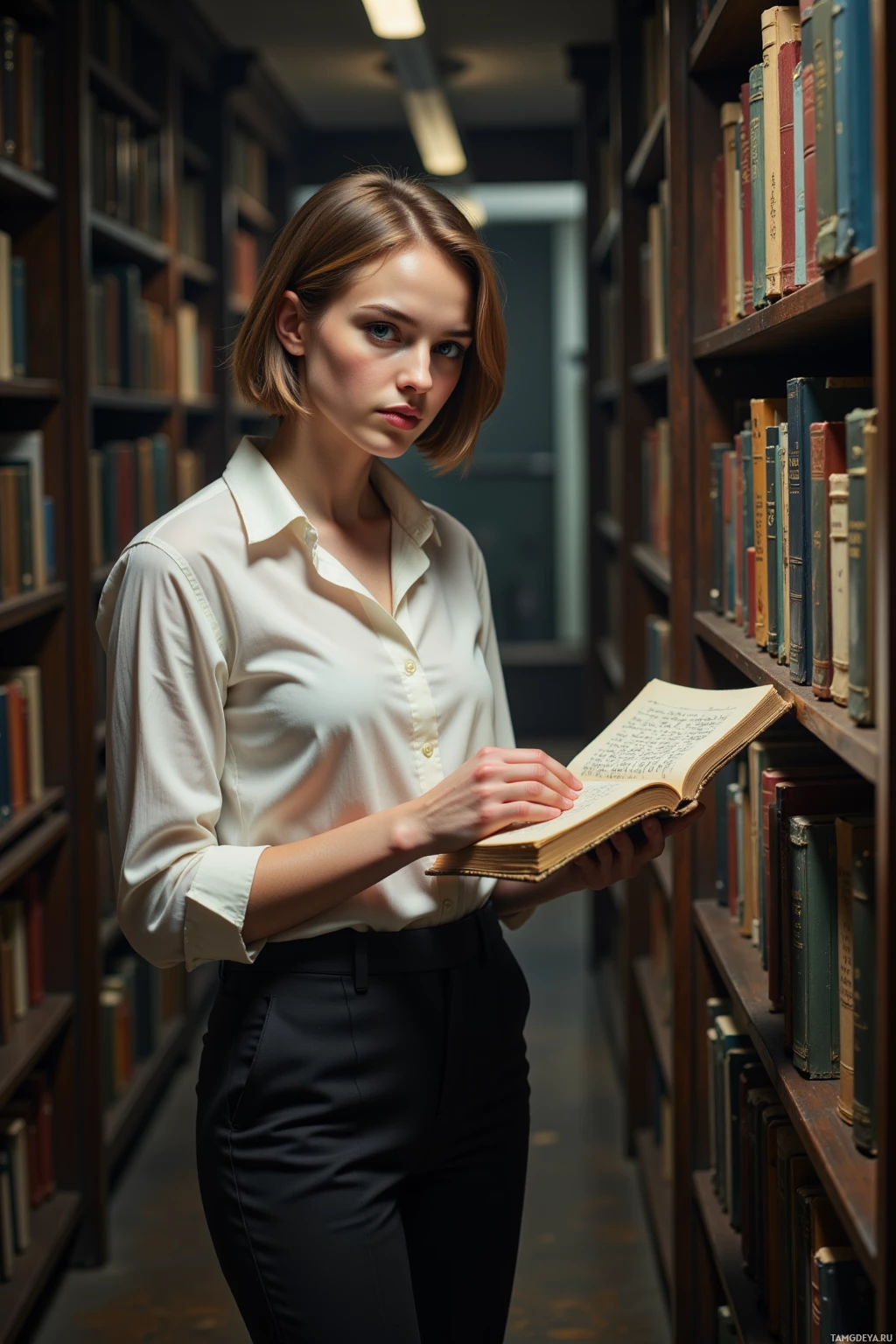 A woman in a library holds an open book, surrounded by bookshelves.