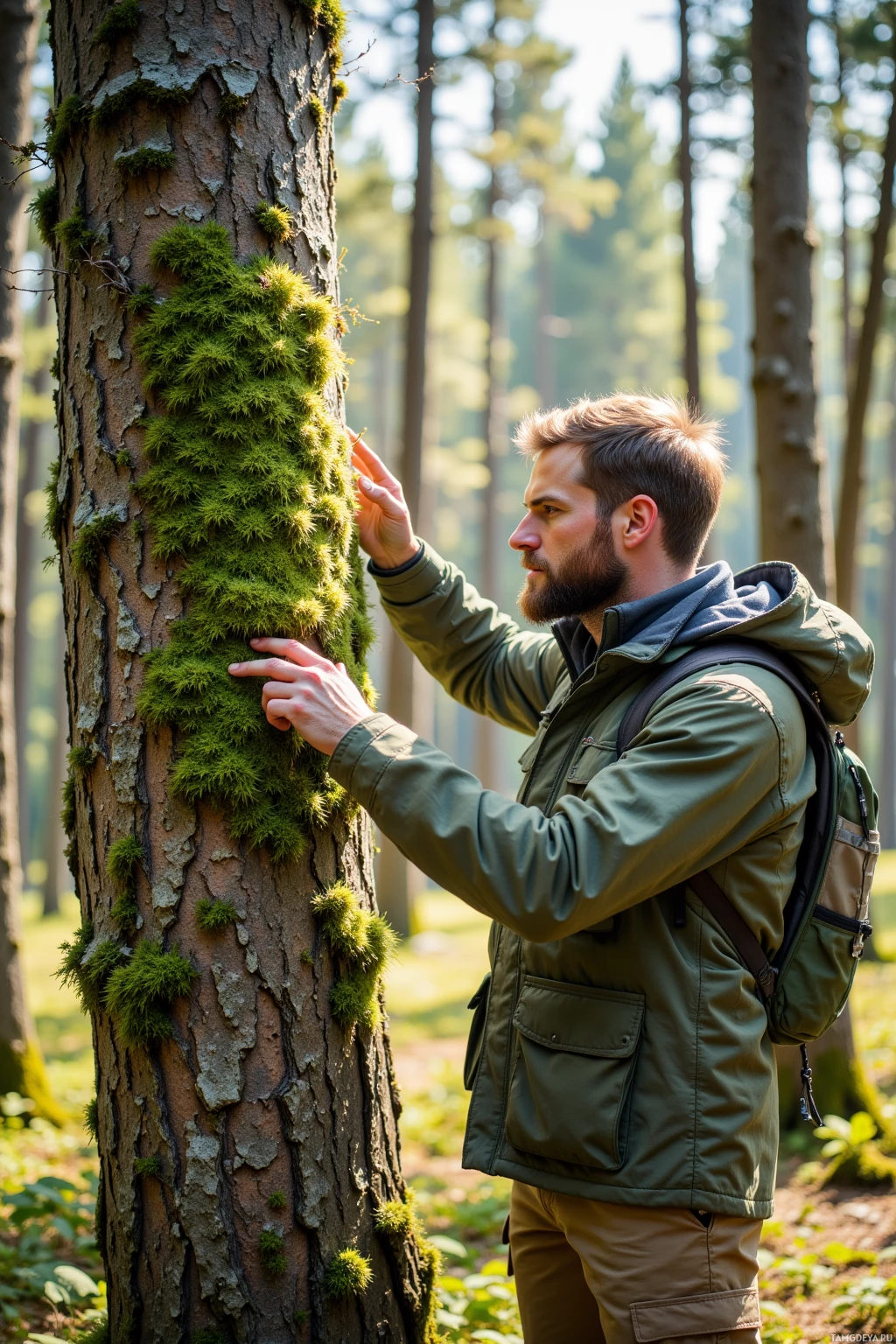 A man in a forest examines moss on a tree trunk.