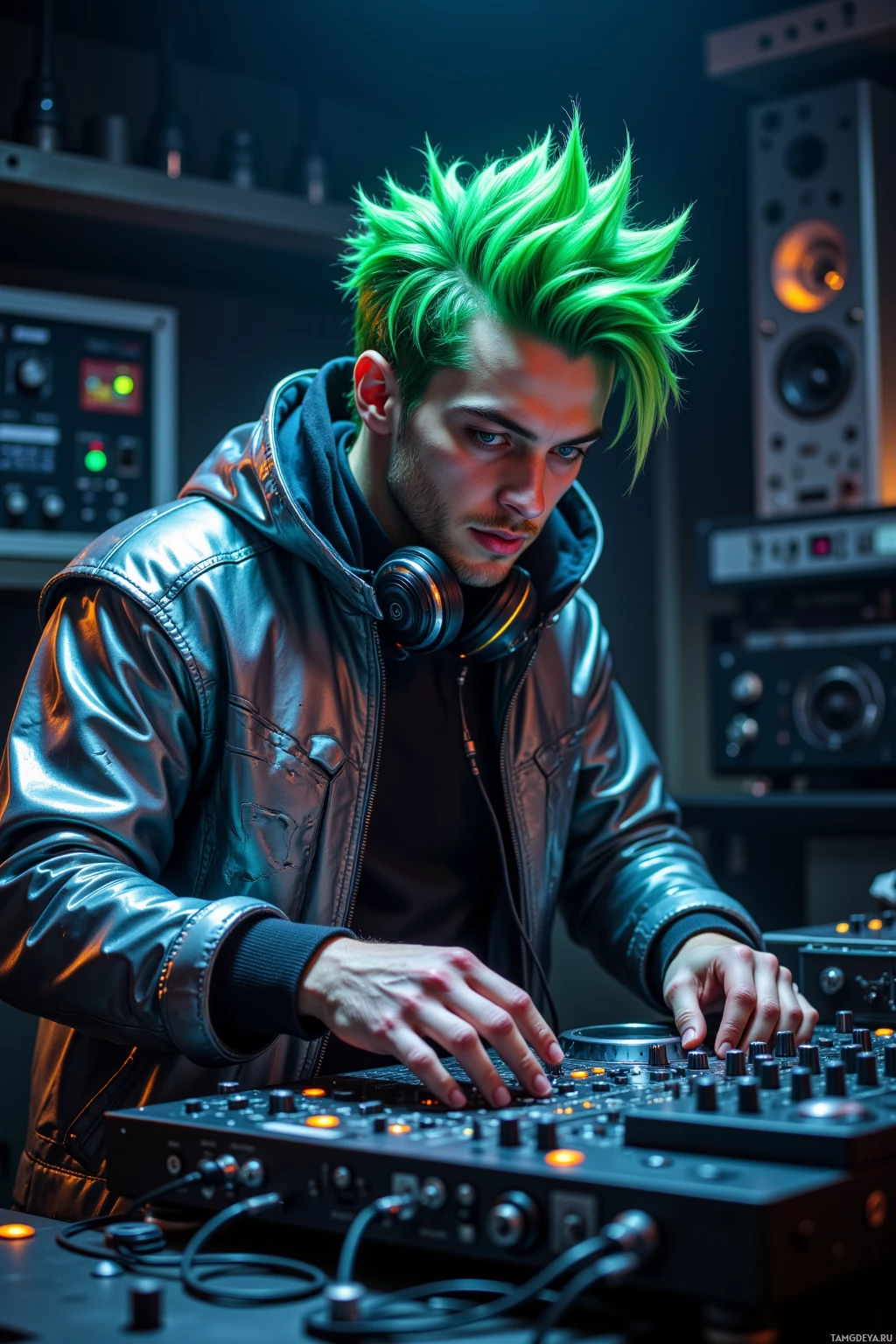 A person with green hair in a leather jacket is operating a DJ mixer in a dimly lit studio.