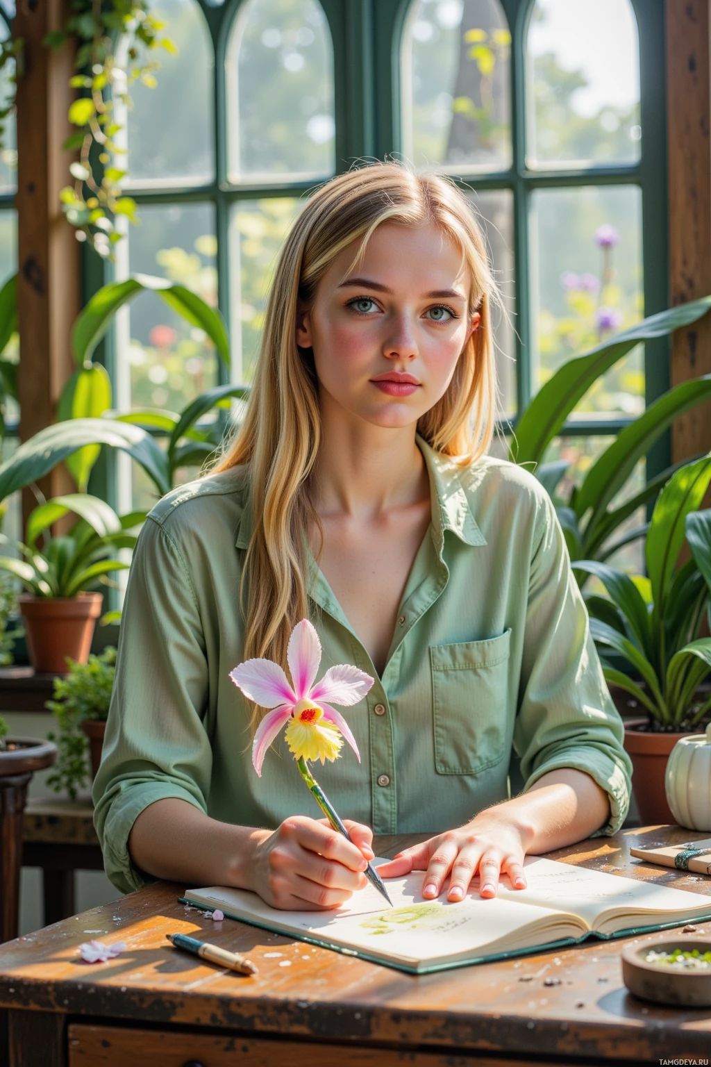 A woman in a green shirt sits at a wooden table, holding a flower pen and looking at an open notebook.