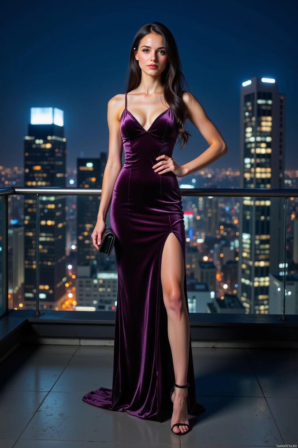 A woman in a purple velvet dress stands on a rooftop overlooking a cityscape at night.