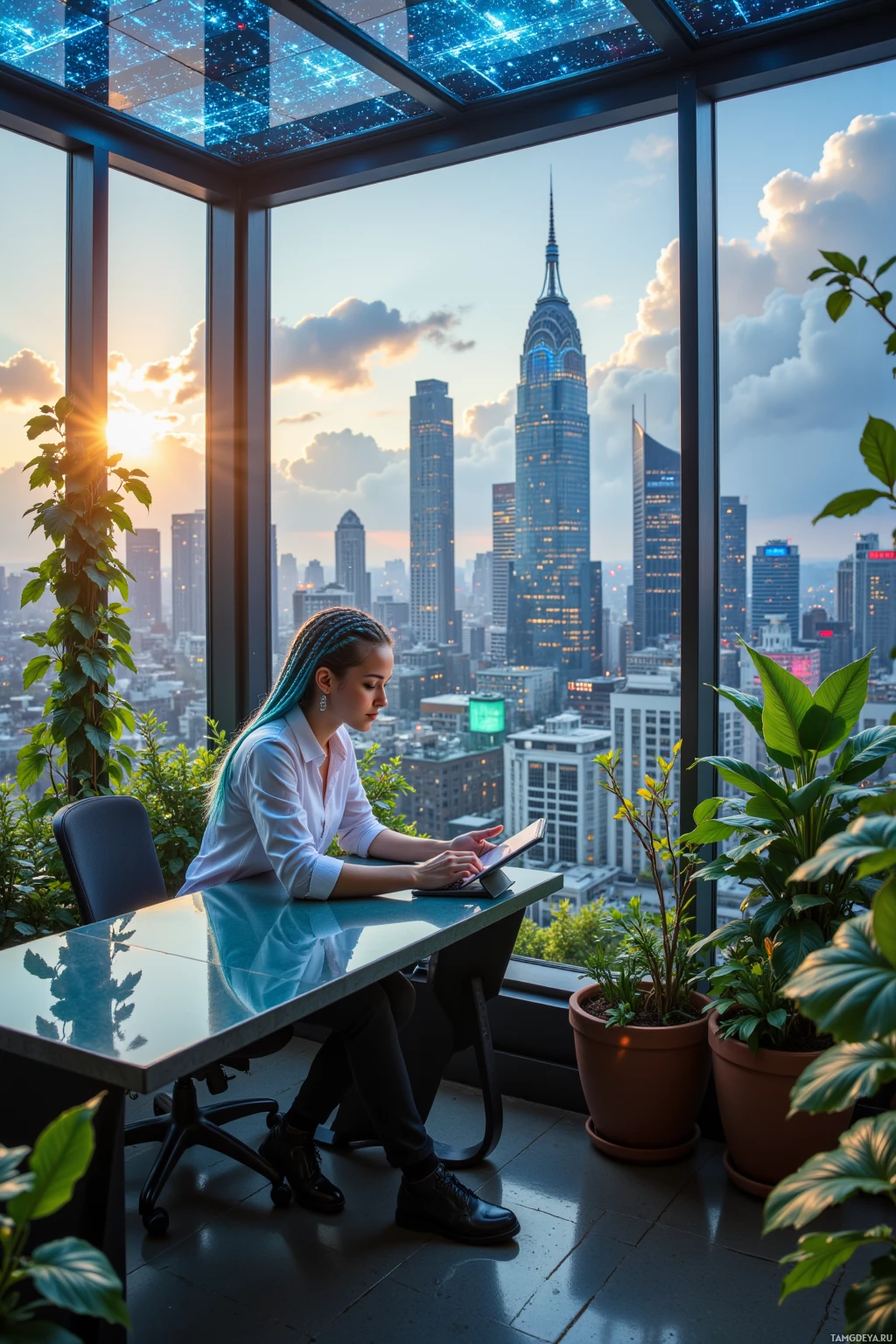 A woman works on a tablet in a modern office with a cityscape view.