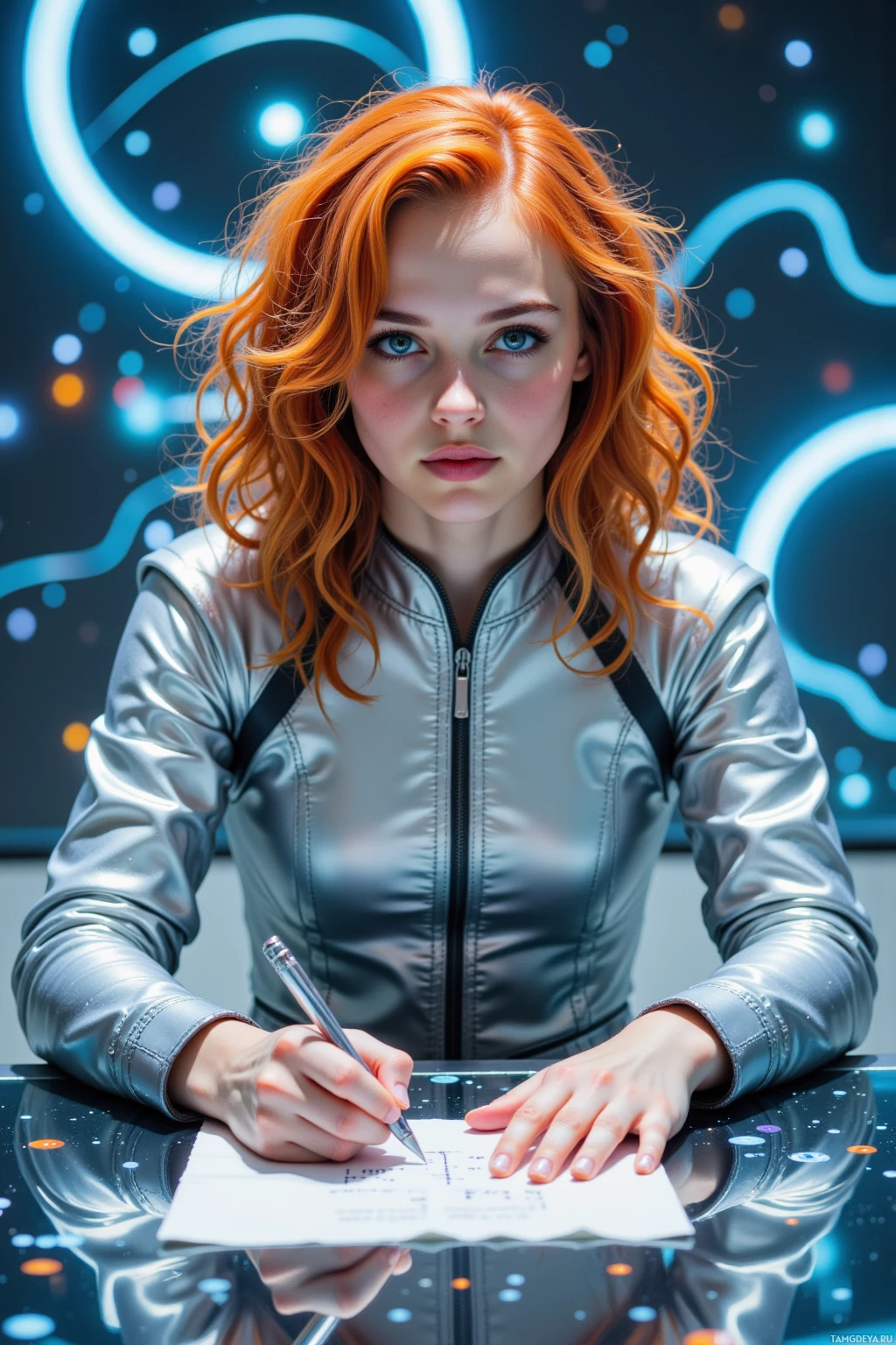 A person with red hair wearing a silver jacket is writing on a piece of paper.