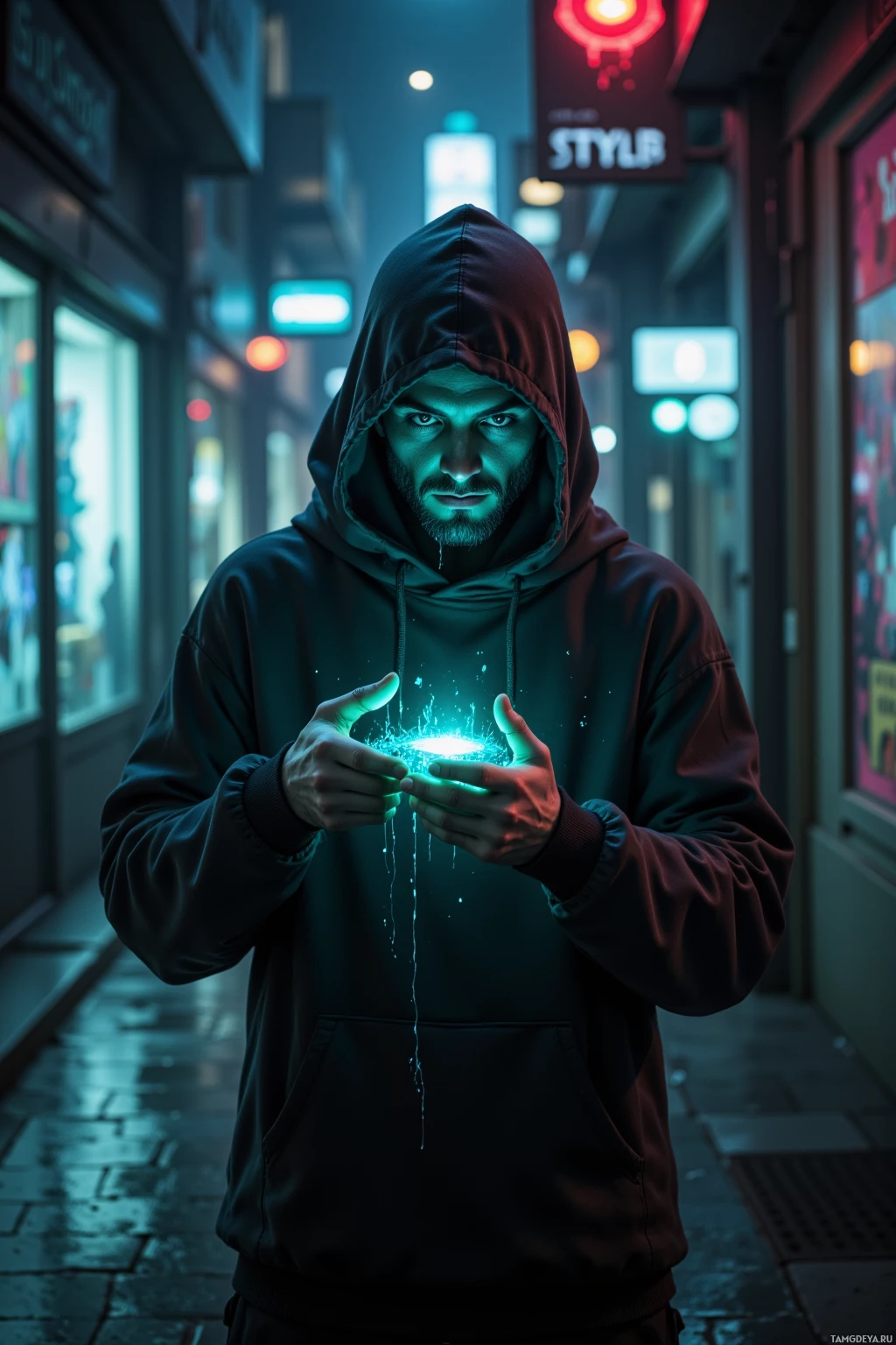 A hooded figure stands in a dimly lit alleyway, holding a glowing object that emits blue light.