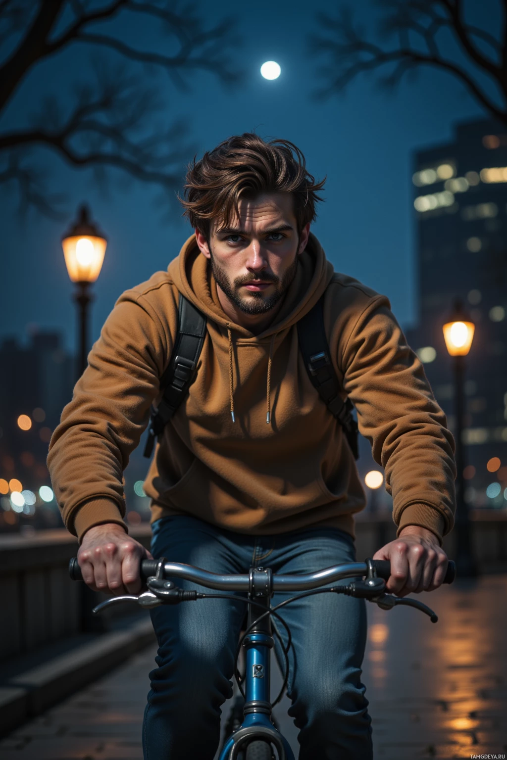 A man rides a bicycle at night under a moonlit sky.