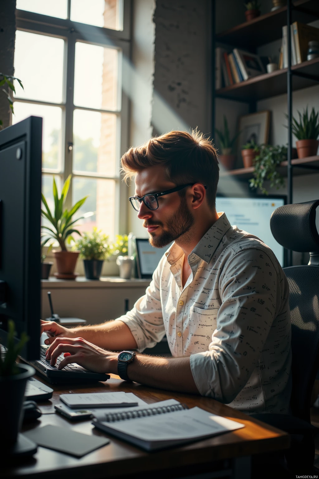 A man is working at a desk in a well-lit room, using a computer.
