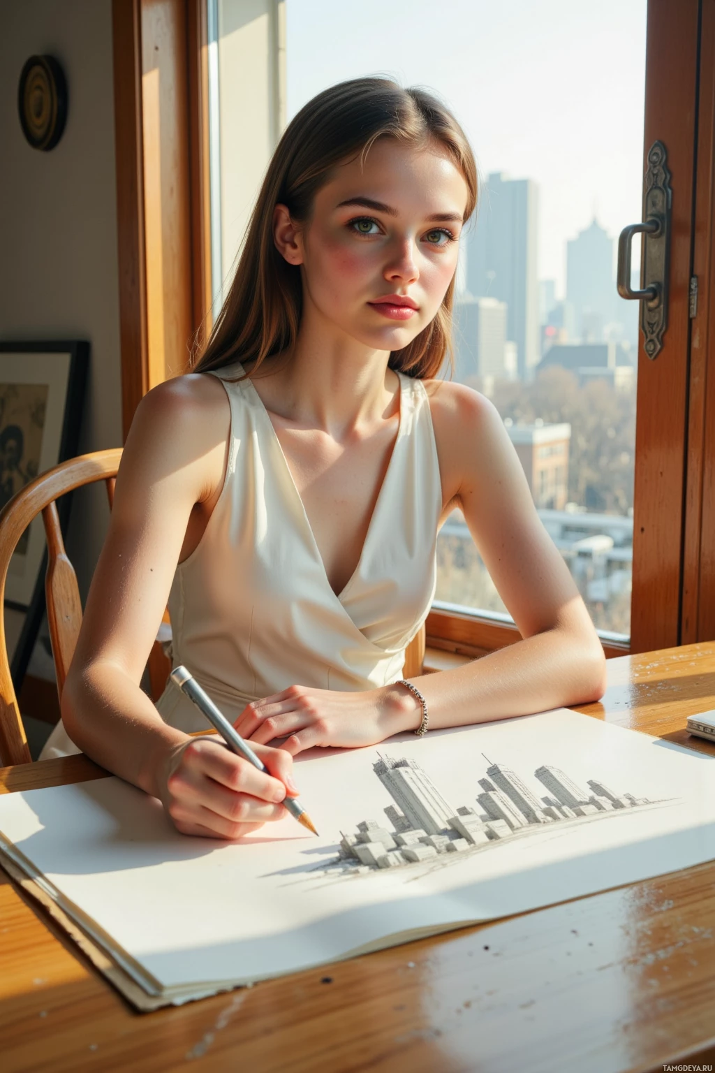 A woman is sketching a cityscape at a desk by a window.
