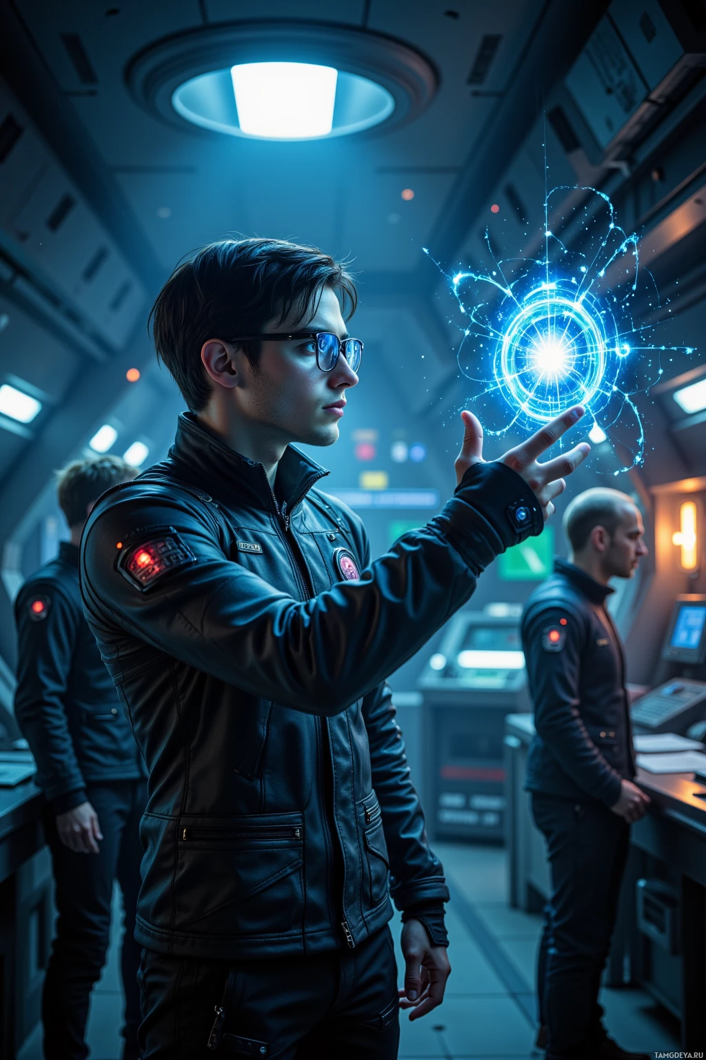 A person in a futuristic setting interacts with a glowing, circular holographic display.