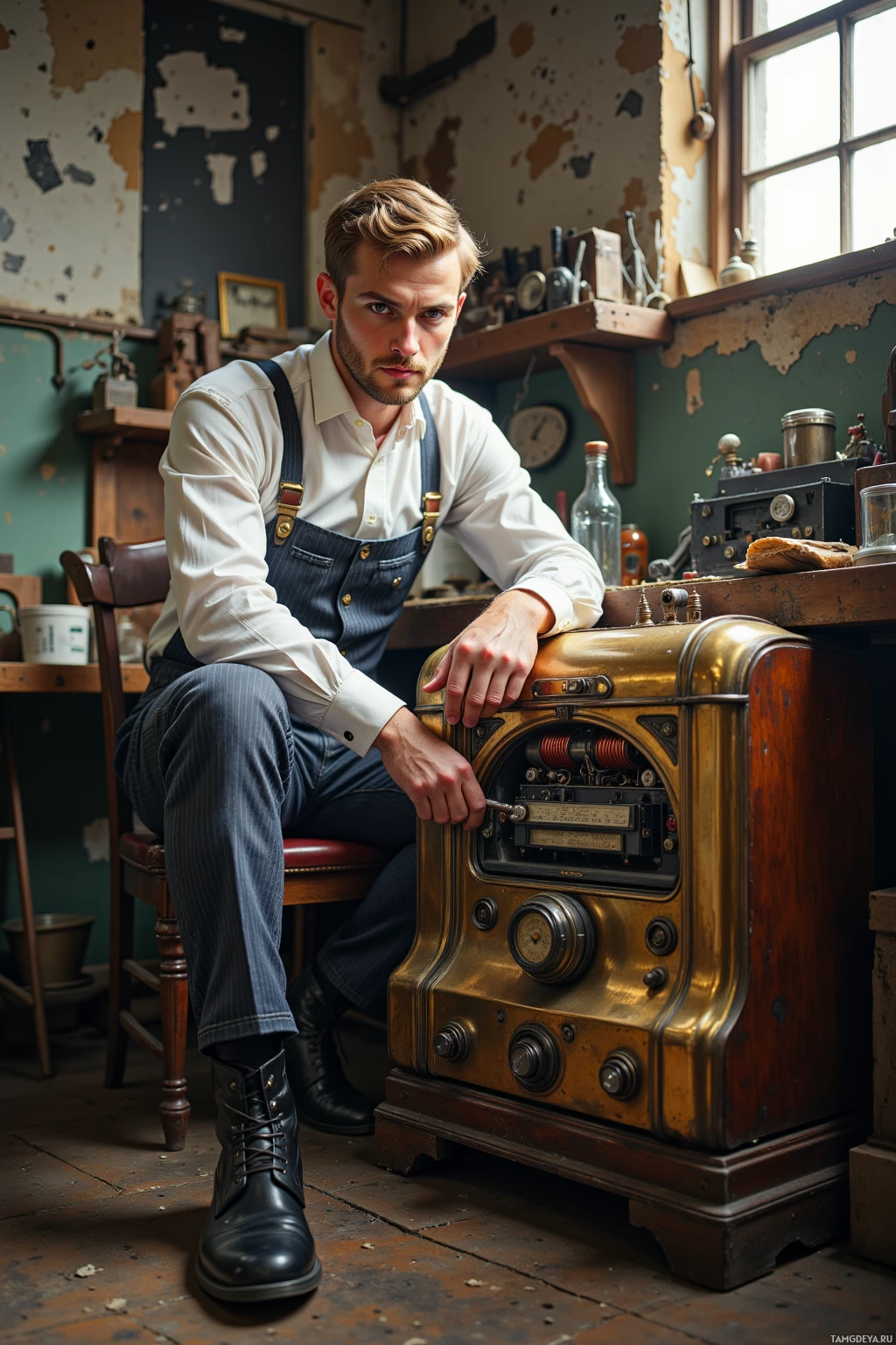A man in a vintage workshop setting, leaning on an antique radio.