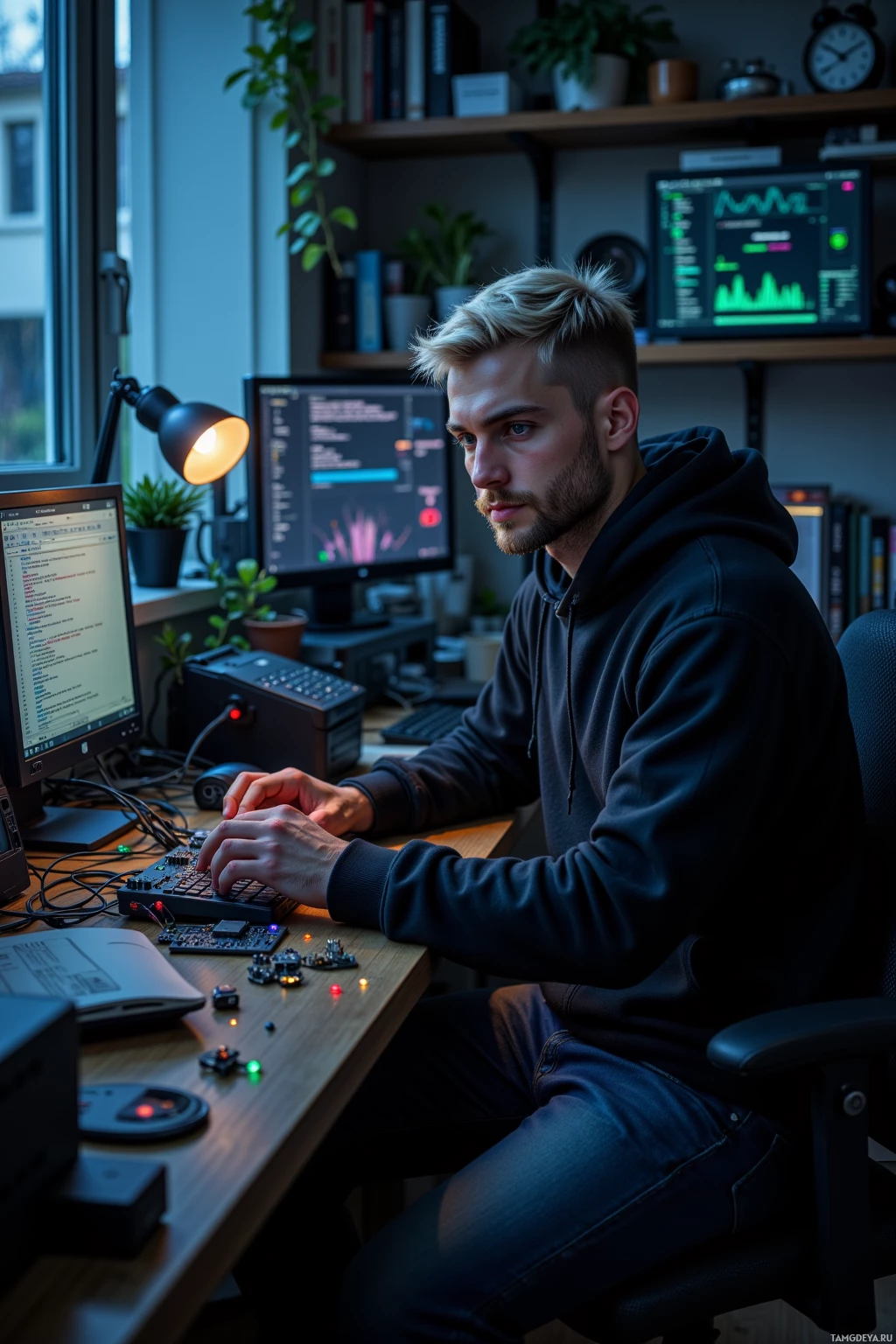 A person is working at a desk with multiple monitors displaying code and data, surrounded by plants and books.