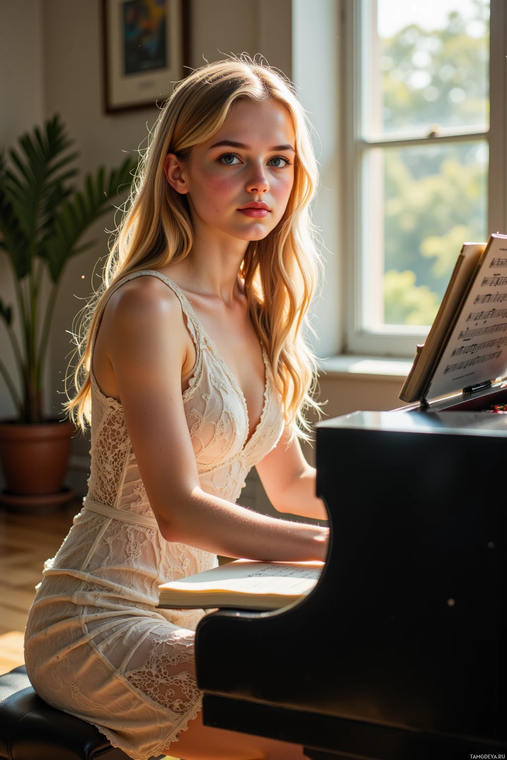 A young woman in a lace dress sits at a piano, bathed in sunlight.
