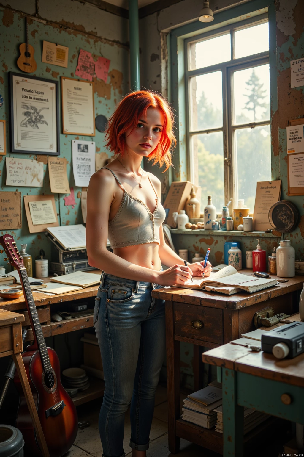 A young woman with red hair stands in a rustic room, writing in a notebook.