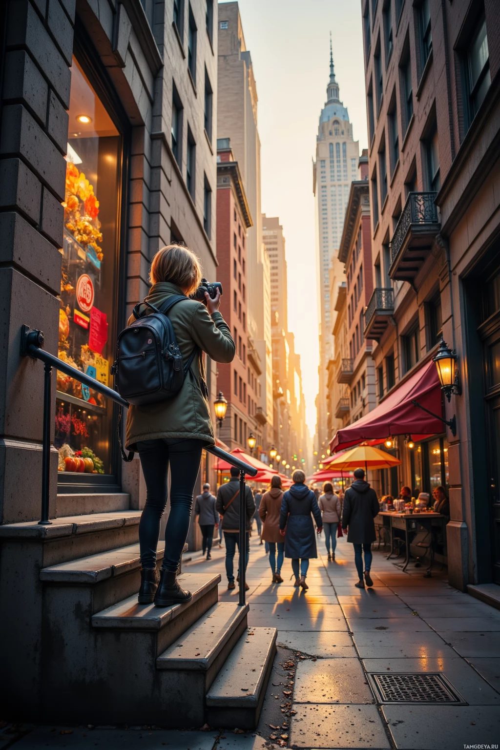 A person takes a photo from a city street with tall buildings and a prominent skyscraper in the background.