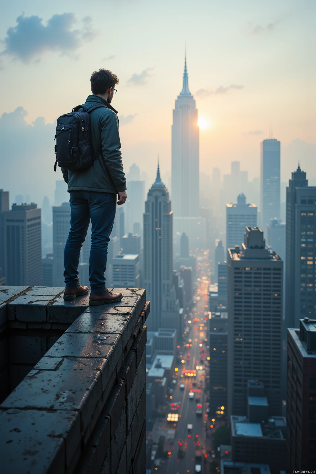 A person stands on a rooftop overlooking a cityscape with a prominent skyscraper at sunset.