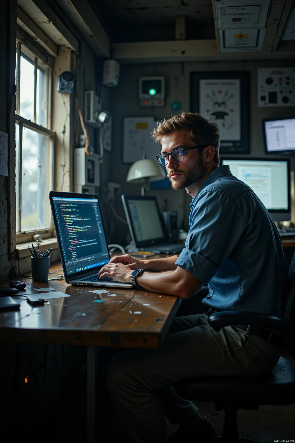 A person is working at a desk with a laptop displaying code, in a workspace with monitors and equipment in the background.