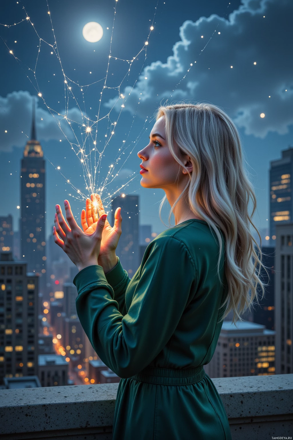 A woman in a green dress stands on a rooftop at night, reaching out with glowing hands towards a cityscape with a full moon and spiderweb-like lights.