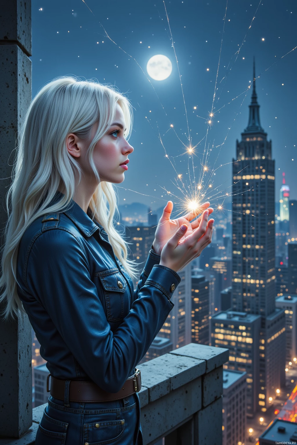 A woman stands on a rooftop at night, holding a sparkler with a cityscape and a full moon in the background.