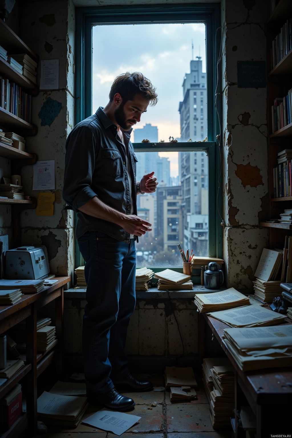 A man stands in a cluttered room with books and papers, looking out a window at a cityscape.