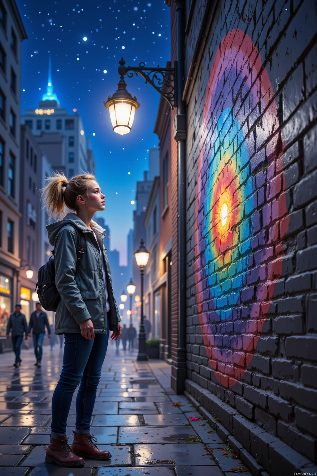 A young woman stands on a wet street at night, gazing at a colorful mural on a brick wall.