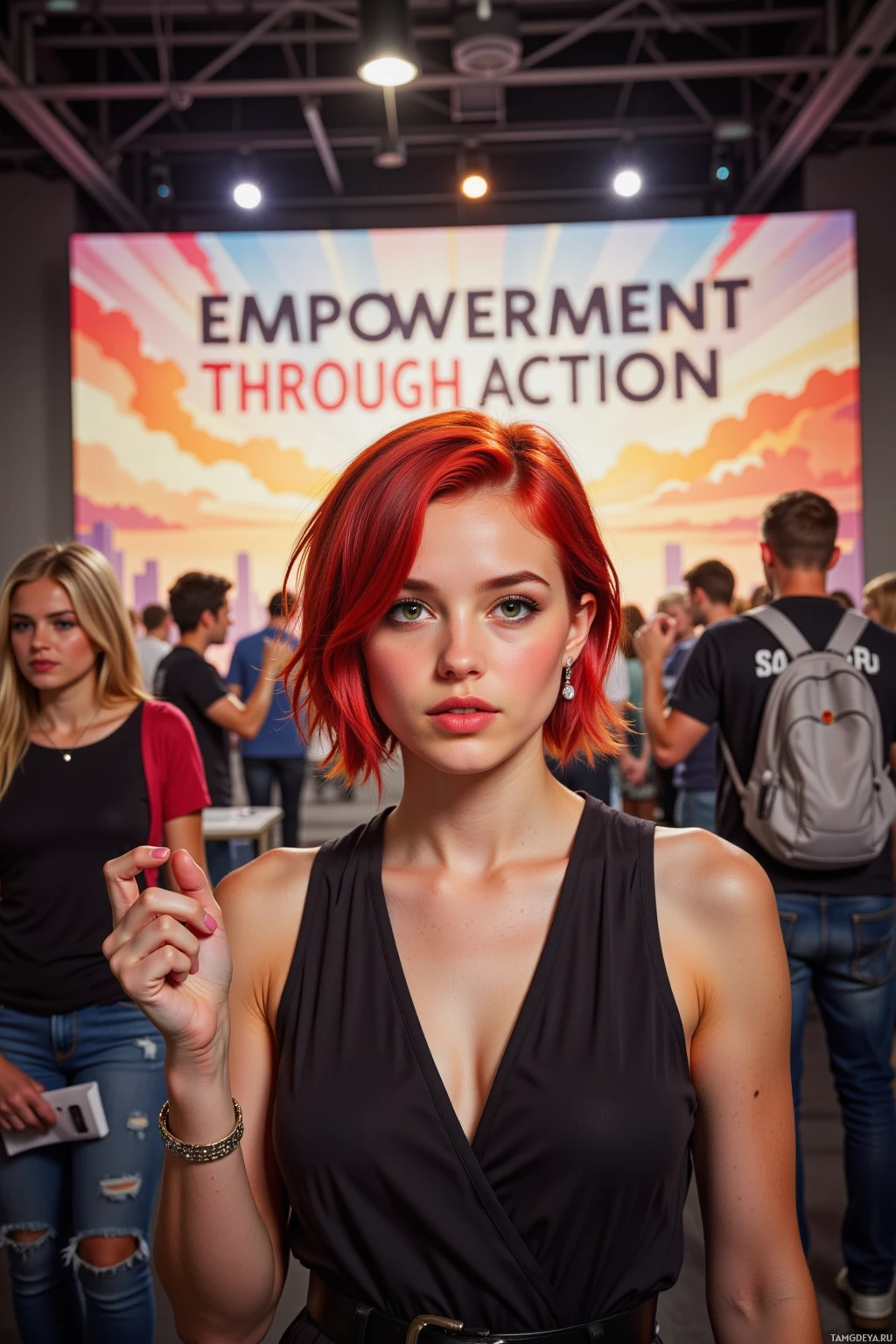 A woman with red hair stands in front of a colorful backdrop at an event.