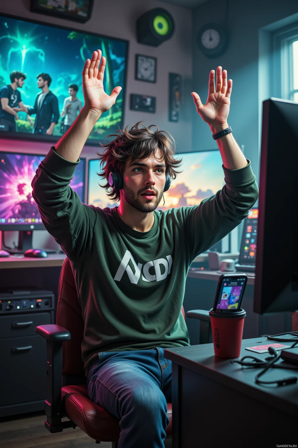 A person in a gaming setup raises their hands in excitement, wearing headphones and a green sweatshirt.