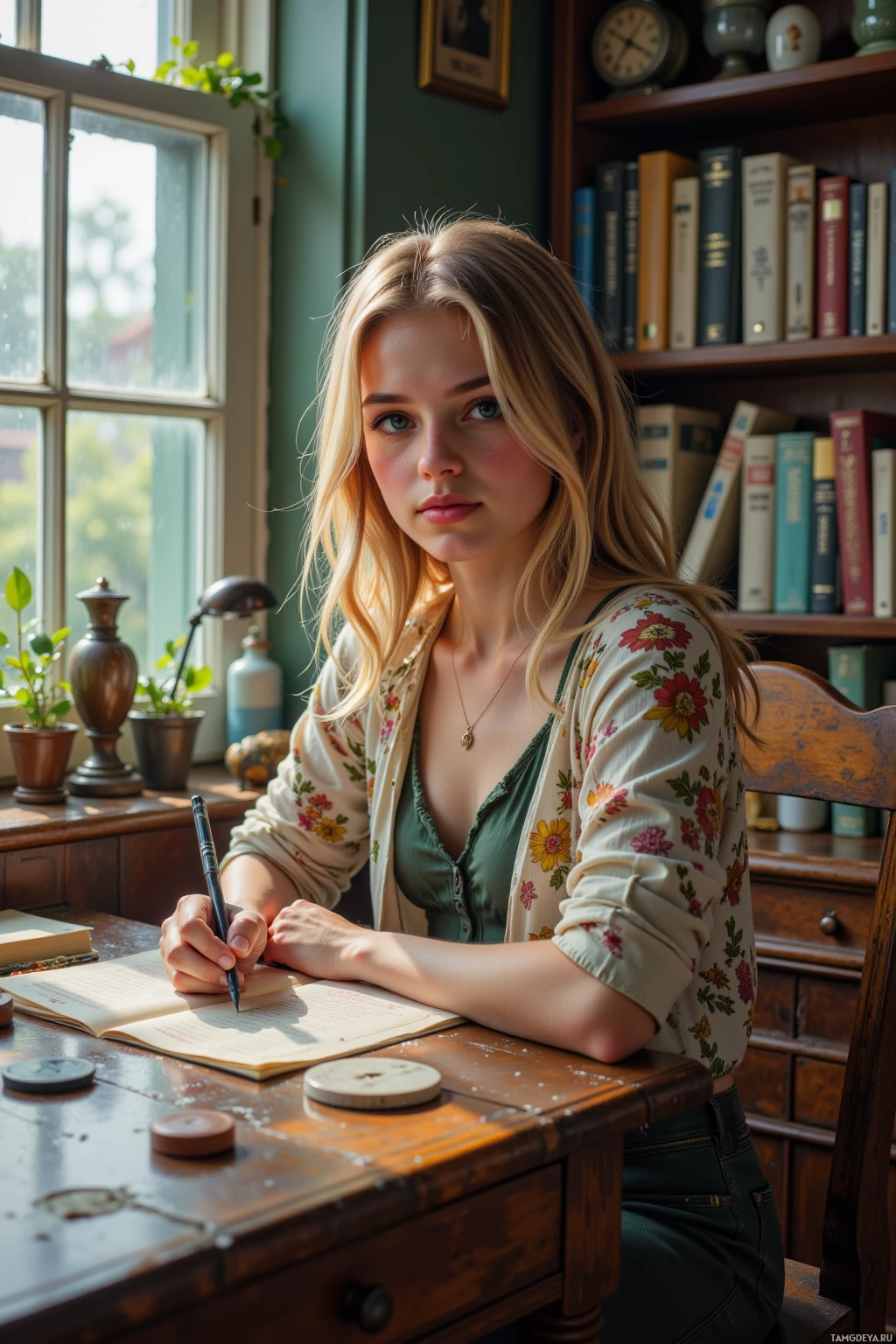A young woman sits at a desk, writing in a notebook with a pen.