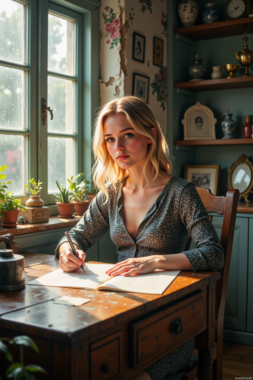 A woman sits at a wooden desk, writing in a notebook in a room with vintage decor and natural light.