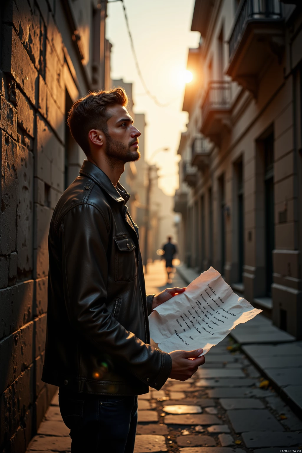 A man in a leather jacket stands in a narrow street, holding a piece of paper.