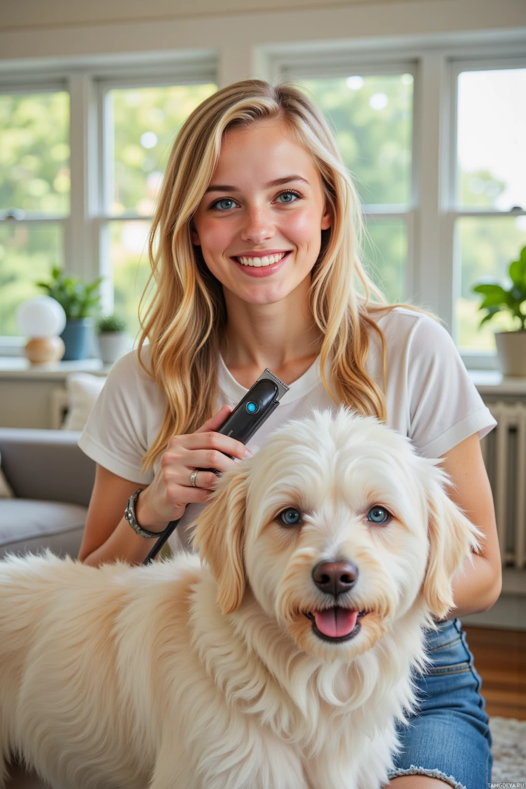 A woman is grooming a fluffy white dog with a grooming tool.