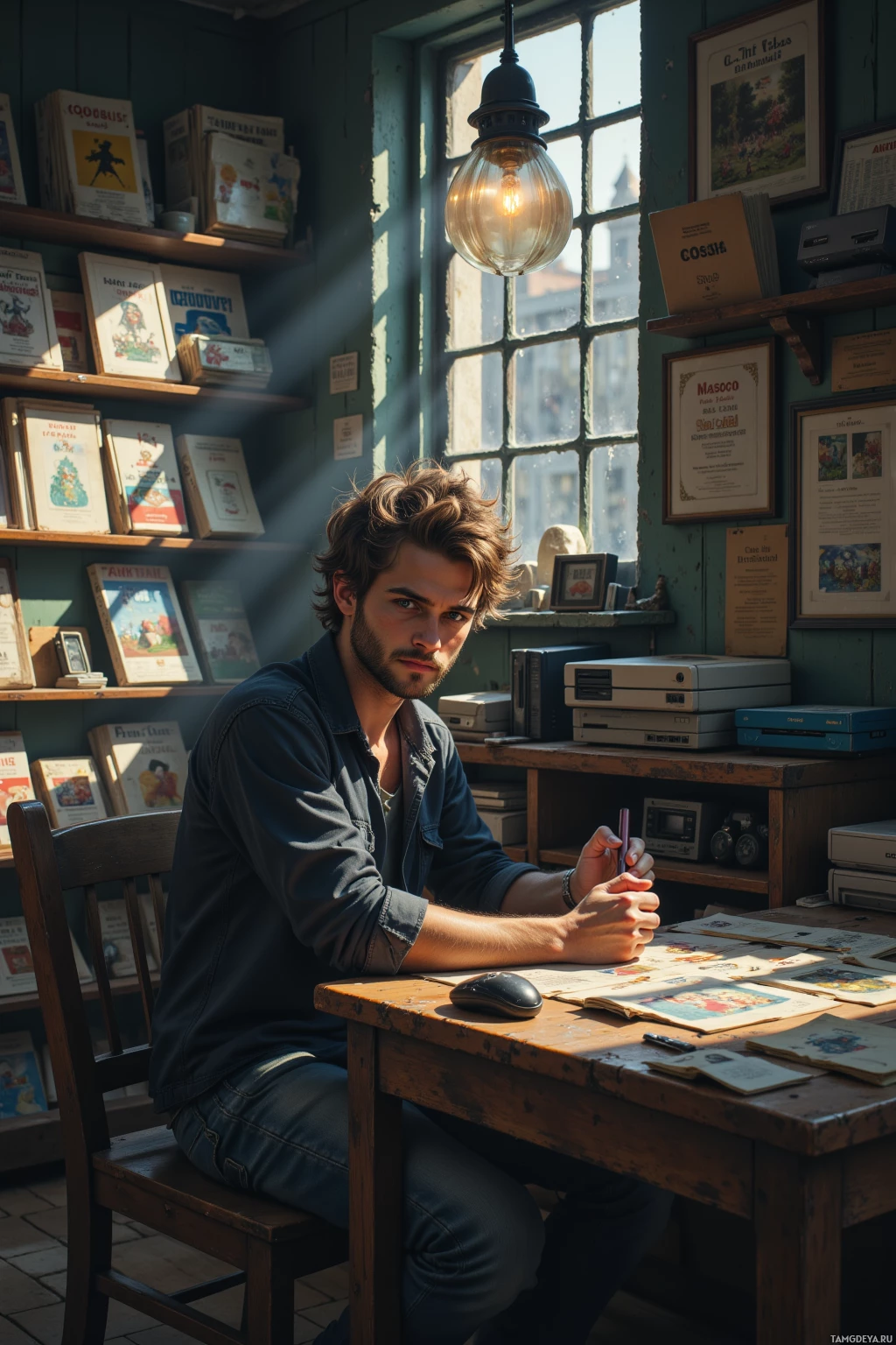A man sits at a desk in a sunlit room filled with books and vintage items.