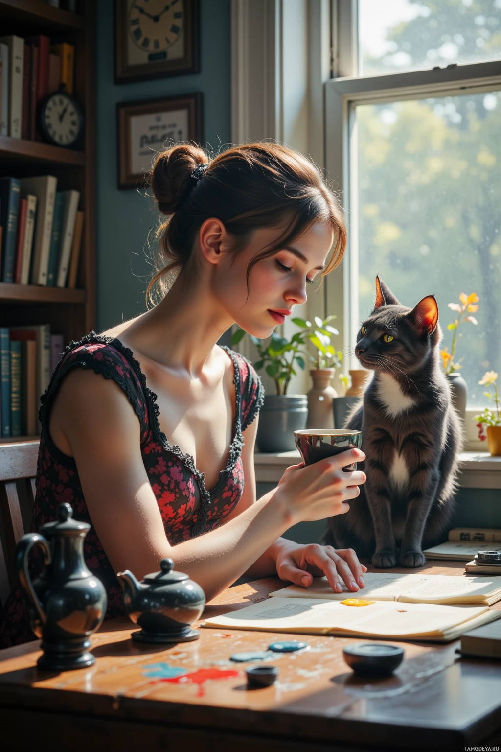 A woman reads a book by a window with a cat sitting nearby.