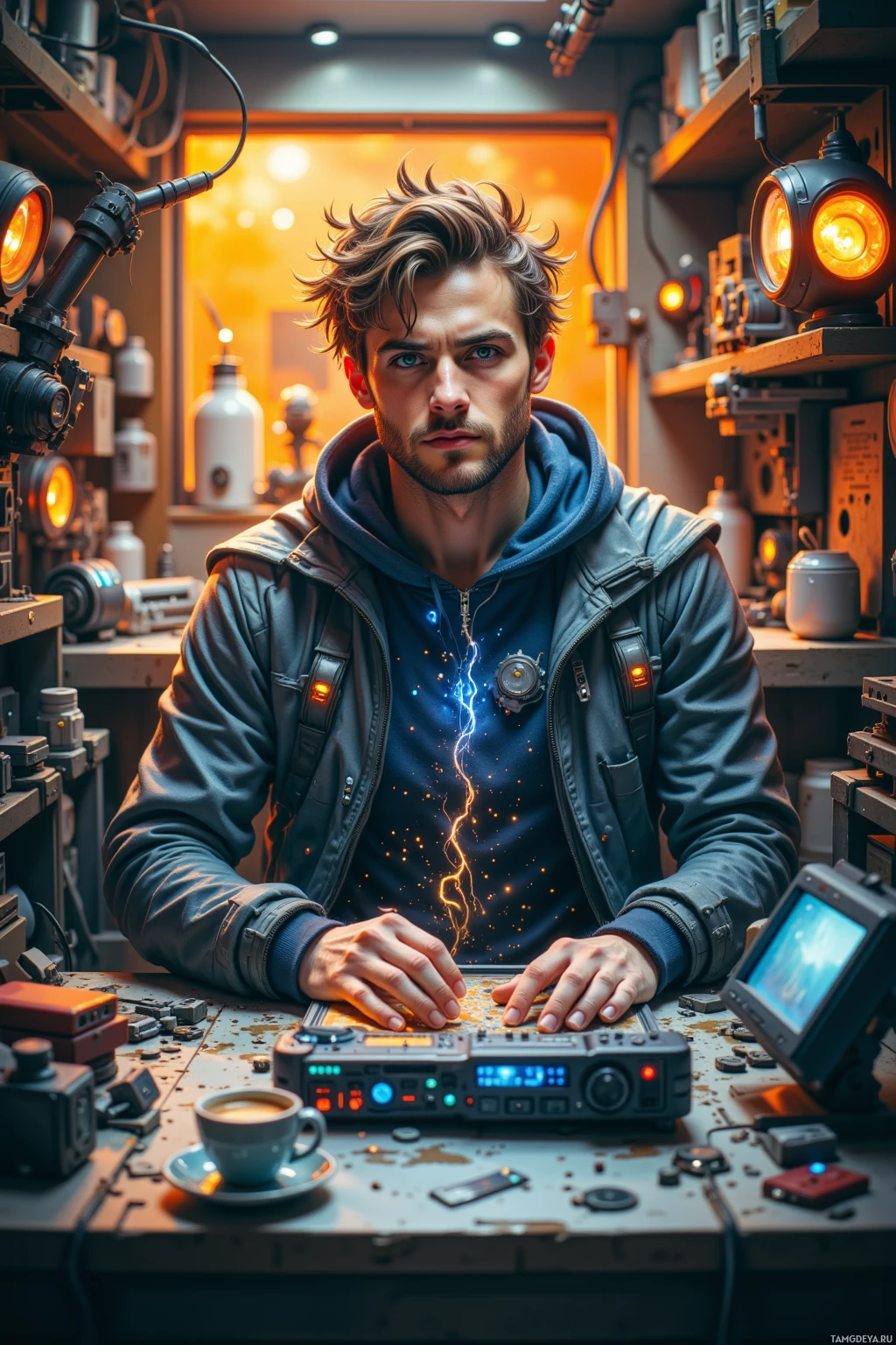 A person in a workshop setting with various equipment and a glowing blue light on their chest.