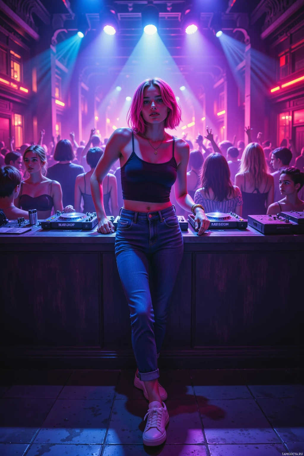 A woman stands confidently at a DJ booth in a vibrant nightclub setting.